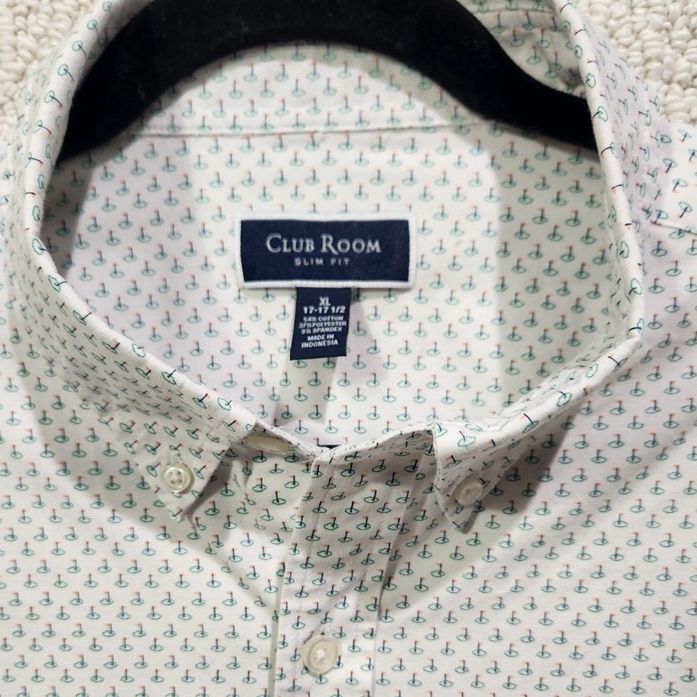 Club Room Button Down Shirt 17.5 XL White Golf Flag AOP Slim Fit Stretch Preppy